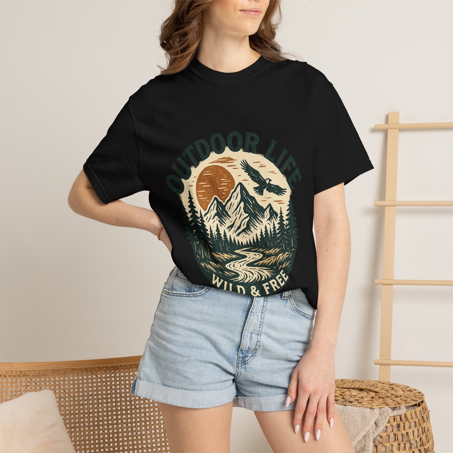 Outdoor Life T-Shirt — 'Wild & Free' Mountain Sunset Graphic Tee