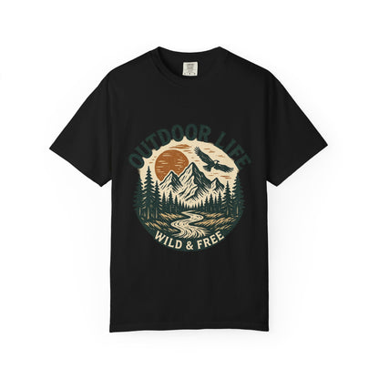 Outdoor Life T-Shirt — 'Wild & Free' Mountain Sunset Graphic Tee