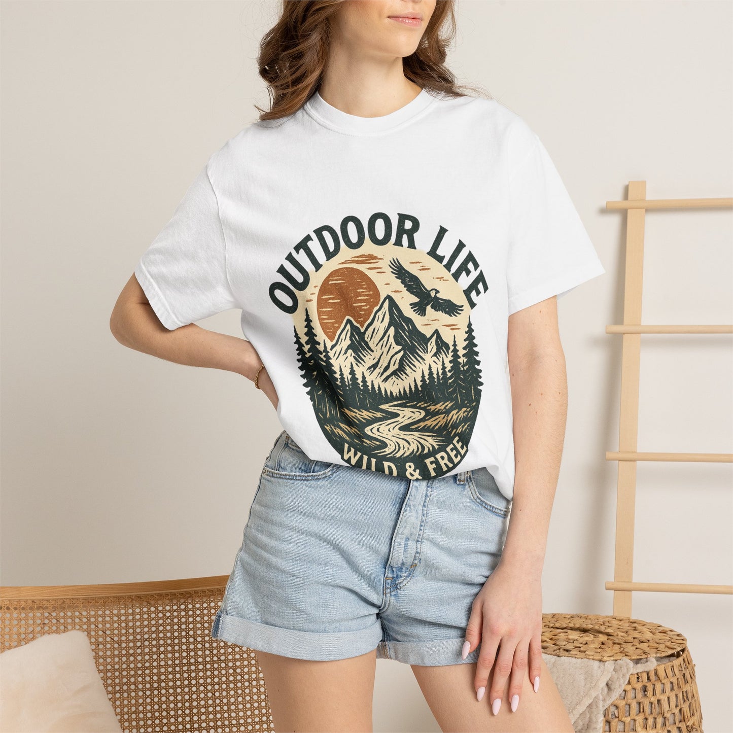 Outdoor Life T-Shirt — 'Wild & Free' Mountain Sunset Graphic Tee