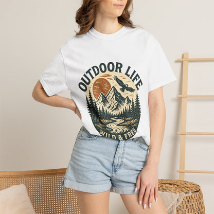 Outdoor Life T-Shirt — 'Wild & Free' Mountain Sunset Graphic Tee