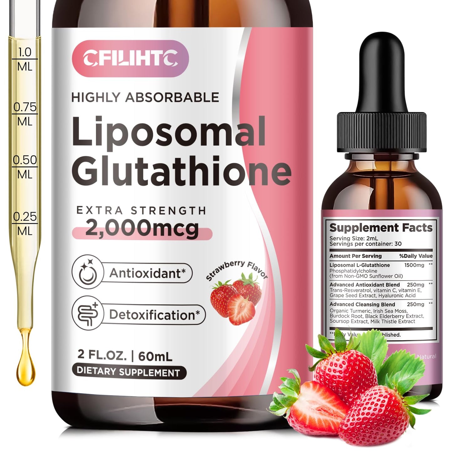 Liposomal Glutathione Liquid Drops Glutathione Liquid Supplement Active Form L- Glutathione with Vitamin C Liver Detox Antioxidant for Anti-Aging Immune & Cleansing Strawberry Flavor 2 FL.OZ