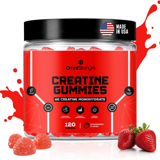 Creatine Monohydrate Gummies - 4g Creatine Monohydrate per Serving - Vegan Gummies for Muscle Growth Increased Strength Recovery - 120 Count Strawberry Flavor