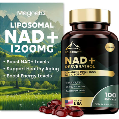 MEGNETA Liposomal NAD+ Supplement 1200mg with Trans Resveratrol - Boost NAD+ Levels Energy & Anti-Aging Support - Vegan 100 Softgels