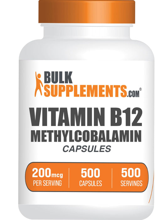 BulkSupplements.com Vitamin B12 Methylcobalamin Capsules - B12 Vitamin Supplement B12 200mcg for Energy Support - Gluten Free 1 Capsule per Serving 500 Capsules (Pack of 1)